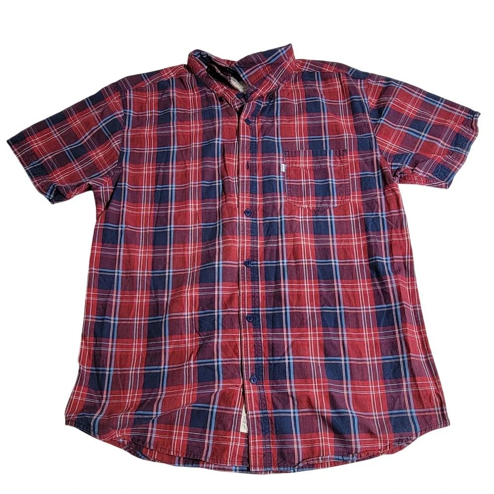 Levis Mens Large Red Blue Plaid Short Sleeve Button Down Shirt 3LDSW0671 Cotton